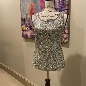 Teri Jon Silver Sequin Fitted Tank Top